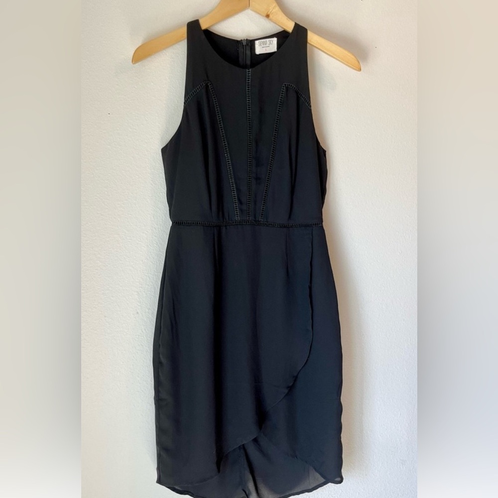 Sienna Sky Black Chiffon Sleeveless Mini Party Dress Faux Wrap